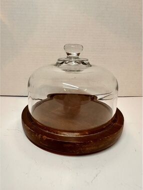 Vintage Mid-Century Teak Wood Cheese Board Clear Glass Dome Cloche 7.5"